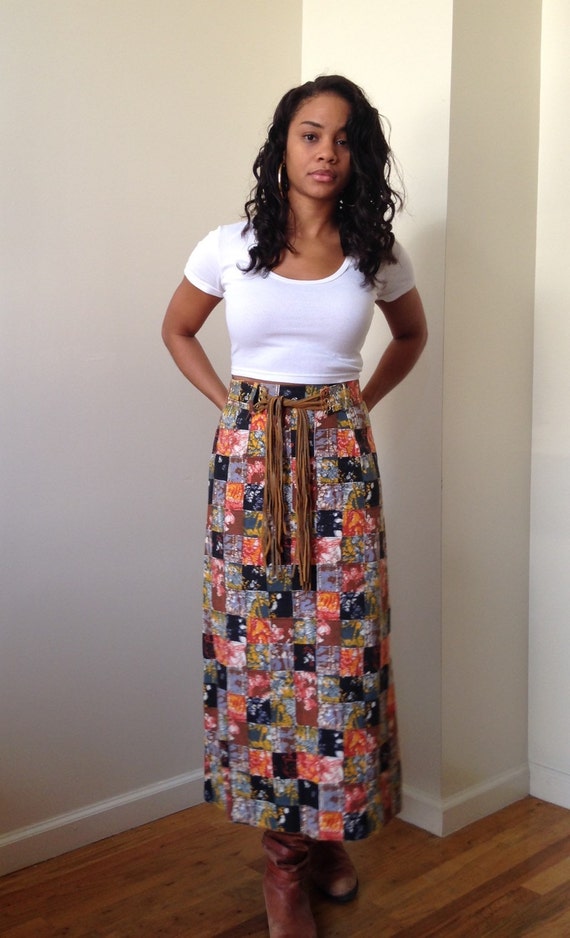 70s Boho Chic Patchwork Abstract Maxi Skirt