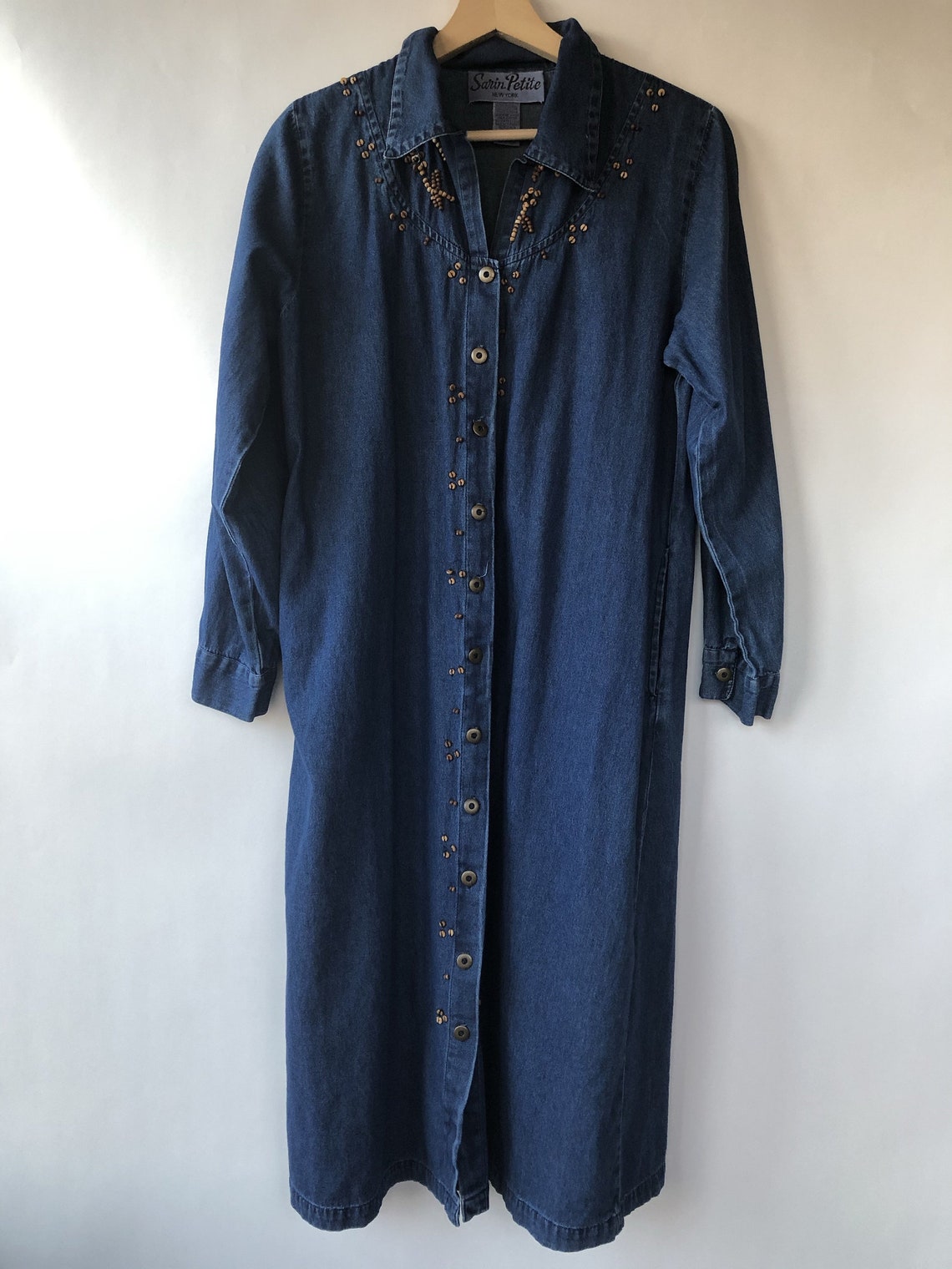 Sarin Petite New York Wooden Beaded Denim Shirt Dress 12P | Etsy