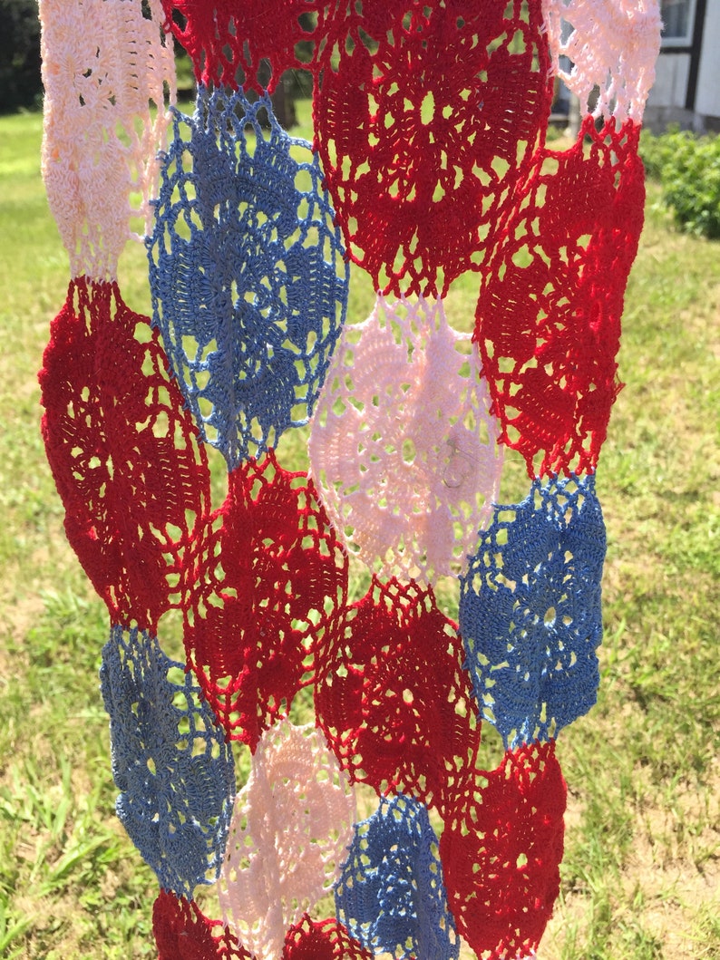 Table Runner Gift Ideas Hand Made Home Decor Lace Rectangle Deep Creek Shabby Decor Crocheted Red White Blue Lovely Linens