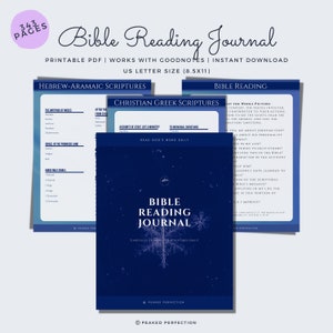 May include: A blue and white printable Bible reading journal with the title "Bible Reading Journal" and the text "Carefully Examine the Scriptures Daily".