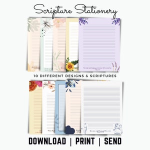 GRATIS* Paquete de papelería digital con versículos de la Biblia, 10 diseños, Imprimibles en PDF con y sin líneas para escribir cartas, Imprimibles de las Escrituras cristianas