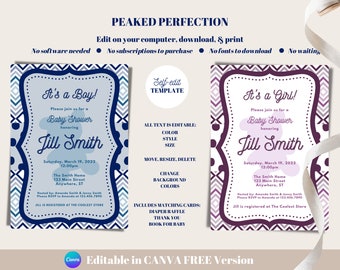FREE* Baby Shower Invitation, Diaper Raffle, Thank You, & Books for Baby Card Template, Editable Printable Download, Chevron | Canva Free