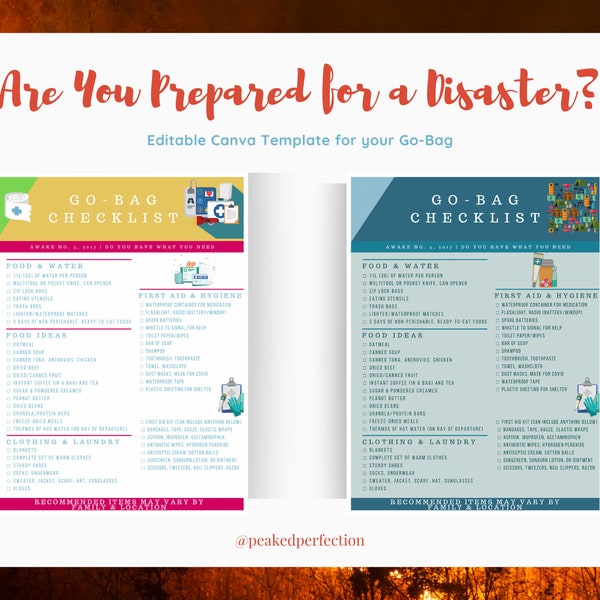 Editable Template | Emergency Preparedness Checklist | Go-Bag Checklist | Go Bag | JW | Canva Free | Digital Download PDF