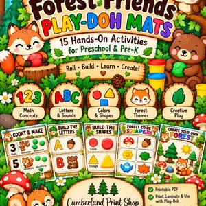 May include: Forest Friends Play-Doh Mats featuring 15 hands-on activities for preschool and pre-K. Includes sections for maths, letters, shapes, and creative play with colourful illustrations of a fox, bear, owl, and squirrel in a forest setting.