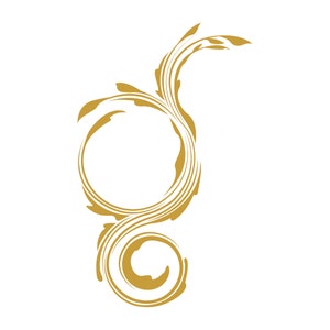 May include: A gold-coloured decorative flourish with a circular design. The flourish is made of swirling lines and has a delicate, intricate look.