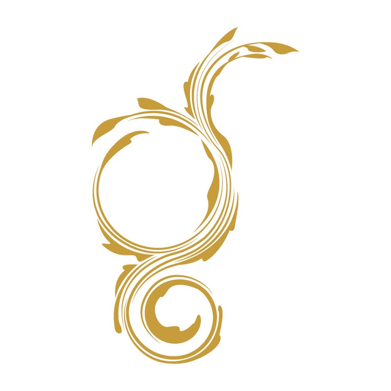 May include: A gold-coloured decorative flourish with a circular design. The flourish is made of swirling lines and has a delicate, intricate look.