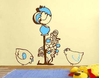 Kids Wall decal Cockerel and Hens, Hand drawn sticker, Vinyl wall sticker, Farm wall sticker, Children's room wall sticker