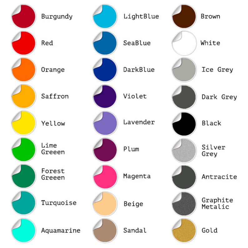 Op de afbeelding: Een kleurenkaart met 24 verschillende kleuren, elke kleur wordt weergegeven door een cirkel met een witte rand en een kleurnaam eronder. De kleuren omvatten: Bourgondi&euml;, Lichtblauw, Bruin, Rood, ZeeBlauw, Wit, Oranje, Donkerblauw, IJsgrijs, Saffraan, Violet, Donkergrijs, Geel, Lavendel, Zwart, Limoengroen, Pruim, Zilvergrijs, Bosgroen, Magenta, Antraciet, Turquoise, Beige, Grafiet Metallic, Aquamarijn, Sandalen, Goud.