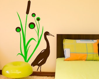 Wall decal Heron and Bulrush,FREE DELIVERY to UK,Heron wall sticker,Bulrush wall sticker,Vinyl wall sticker,Wall stencil,Wall decoration