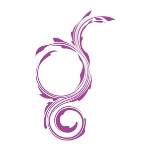 May include: A purple swirl design with a circular shape in the centre. The design is reminiscent of a floral motif.