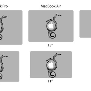 May include: A set of five laptop skins featuring a stylised apple design with a black and white swirl pattern. The skins are available in sizes for 12-inch, 13-inch, and 15-inch laptops.