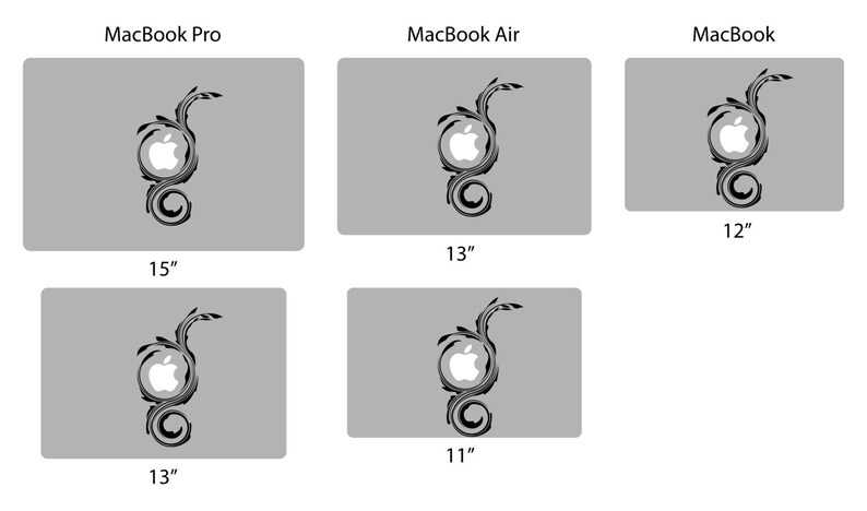 May include: A set of five laptop skins featuring a stylised apple design with a black and white swirl pattern. The skins are available in sizes for 12-inch, 13-inch, and 15-inch laptops.