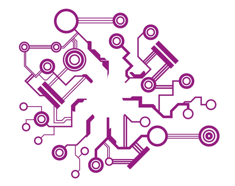 Op de afbeelding: Abstract purper en wit grafisch ontwerp met een printplaatpatroon. Het ontwerp bevat een reeks van verbonden cirkels en lijnen.