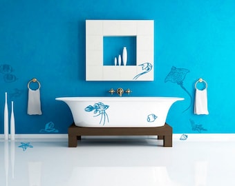 Wall decal Sea Life, Sea life wall sticker, Fish wall sticker, Bathroom wall sticker, Vinyl wall sticker, Wall stencil, Wall decoration