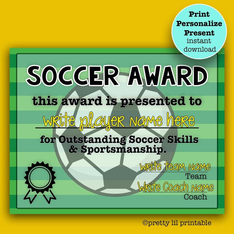 Soccer award certificate print at home printable etsy