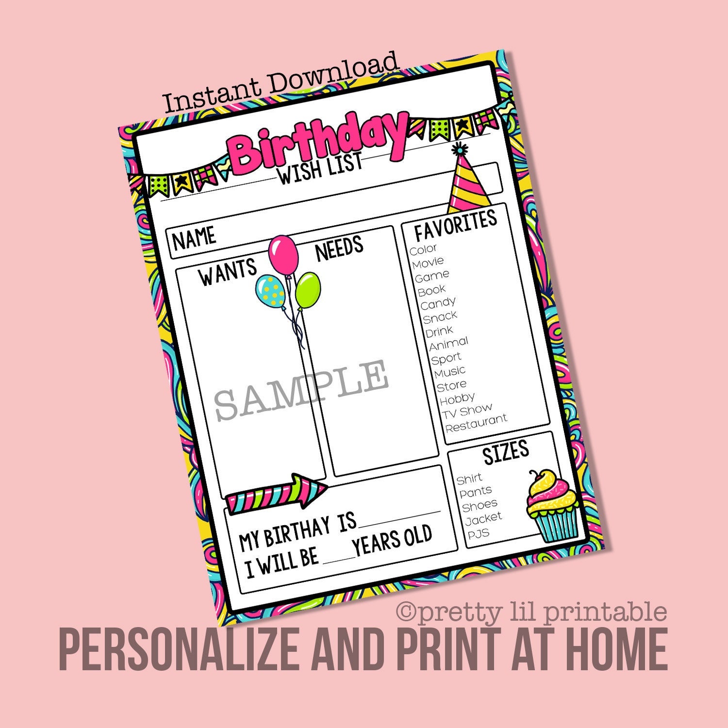 Printable Birthday Wish List, Kids, Girls, Children, Family, Instant ...