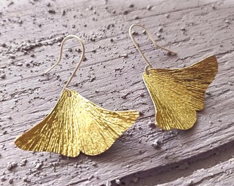 Handmade Brass Ginkgo Leaf Earrings, Sterling Silver Hook