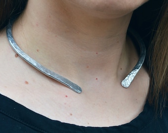 Silver necklace open Torque Choker aluminum necklet statement collar silver adjustable essential metal minimal industrial contemporary