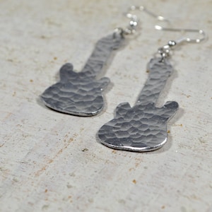 Aluminum Guitar earrings music silver guitar-shaped dangle earrings rocker gift for guitarist bass metal unisex hammered you rock