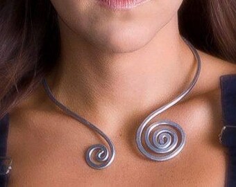 Handmade Aluminum Celtic Collar Necklace, Silver Spiral Torc