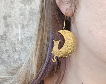Handmade Brass Moon Cat Dangle Earrings, Sterling Silver Hooks
