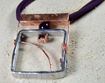 Industrial Necklace Modern Pendant Silver metal amethyst bead copper ethnic contemporary jewelry plum lycra gift for her READY to SHIP