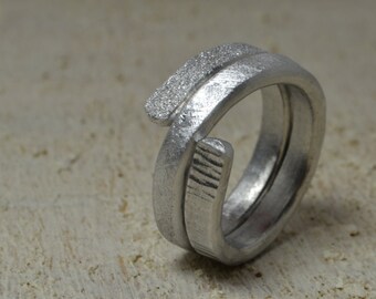 Ring Silver aluminum, triple finish HAMMERED satin sandblasted, boho jewelry, bridesmaid, gift for her, girlfriend, LIGHTNESS, minimalist,