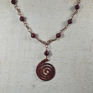Rosary Garnet Copper necklace stone spiral pendant red jewellery marsala granata necklace statement clasp copper jewelry boho red
