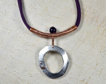 Necklace contemporay Pendant Modern jewelry industrial Necklace OOAK silver amethyst bead plum lycra unique necklace gift for her