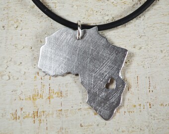 Handmade Aluminum Africa Pendant Necklace, Waxed Cotton Cord, Kenya Tanzania Heart