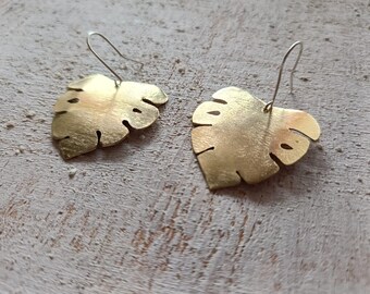 Handmade Brass Monstera Earrings, Sterling Silver Hooks, Botanical Jewelry