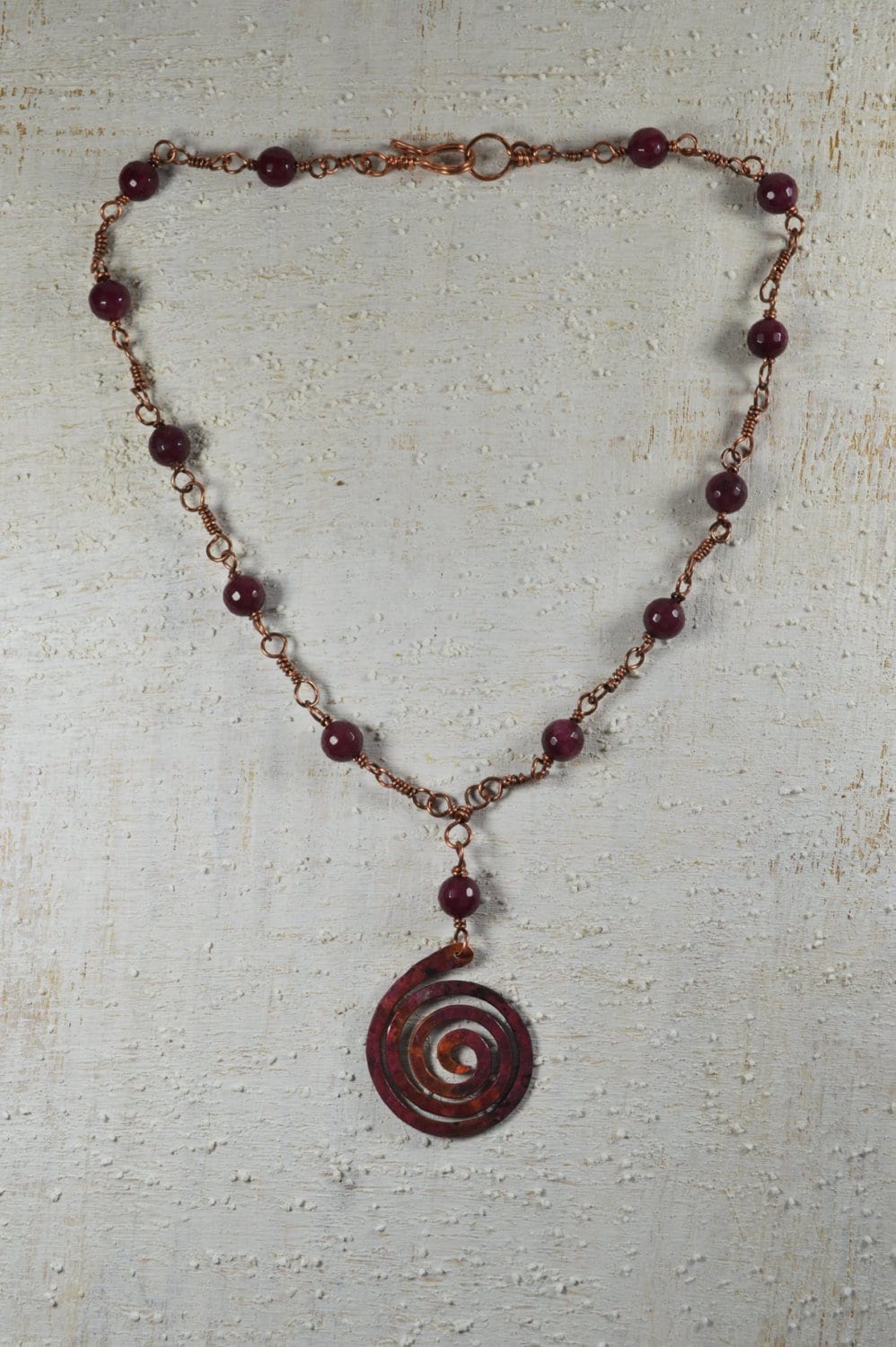 Rosary Garnet Copper necklace stone spiral pendant red jewellery marsala granata necklace statement clasp copper jewelry boho red