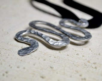 Handmade Hammered Aluminum Snake Pendant, Lycra Necklace