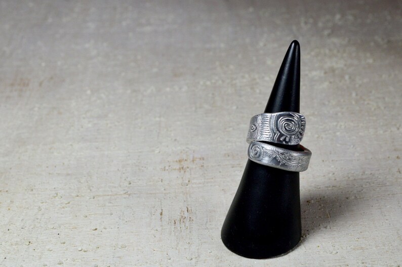 Ring hand drawn aluminum engraved jewelry silver adjustable designed spiral ethnic ring aluminium ring unique spiral doodle READY to SHIP