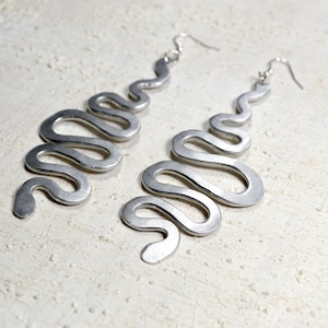 Statement Snake Earrings Silver serpent long earrings dangle earrings snake lightweight aluminium viper statement big minimal modern animals