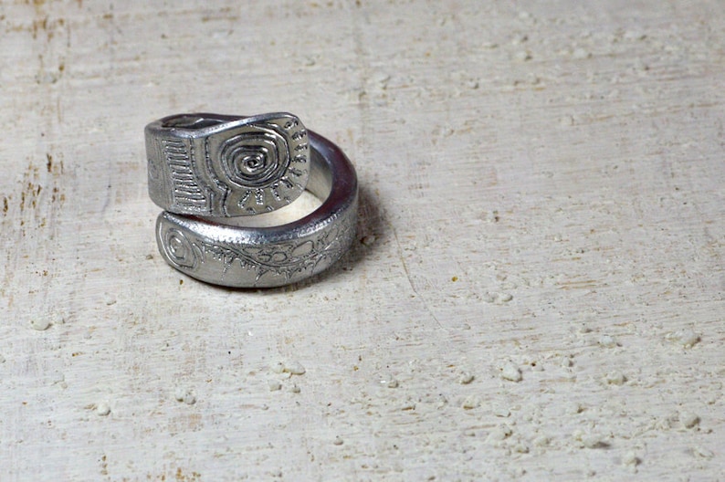 Ring hand drawn aluminum engraved jewelry silver adjustable designed spiral ethnic ring aluminium ring unique spiral doodle READY to SHIP