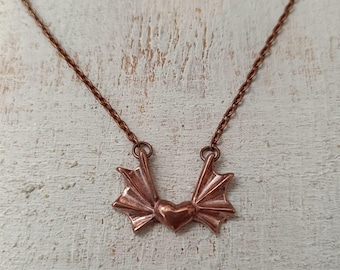 Handmade Bronze Bat Pendant Necklace | Heart-Shaped Body