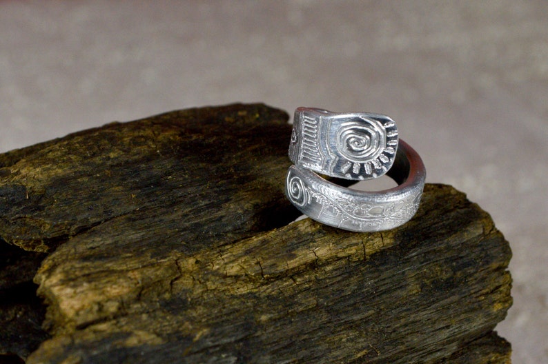 Ring hand drawn aluminum engraved jewelry silver adjustable designed spiral ethnic ring aluminium ring unique spiral doodle READY to SHIP