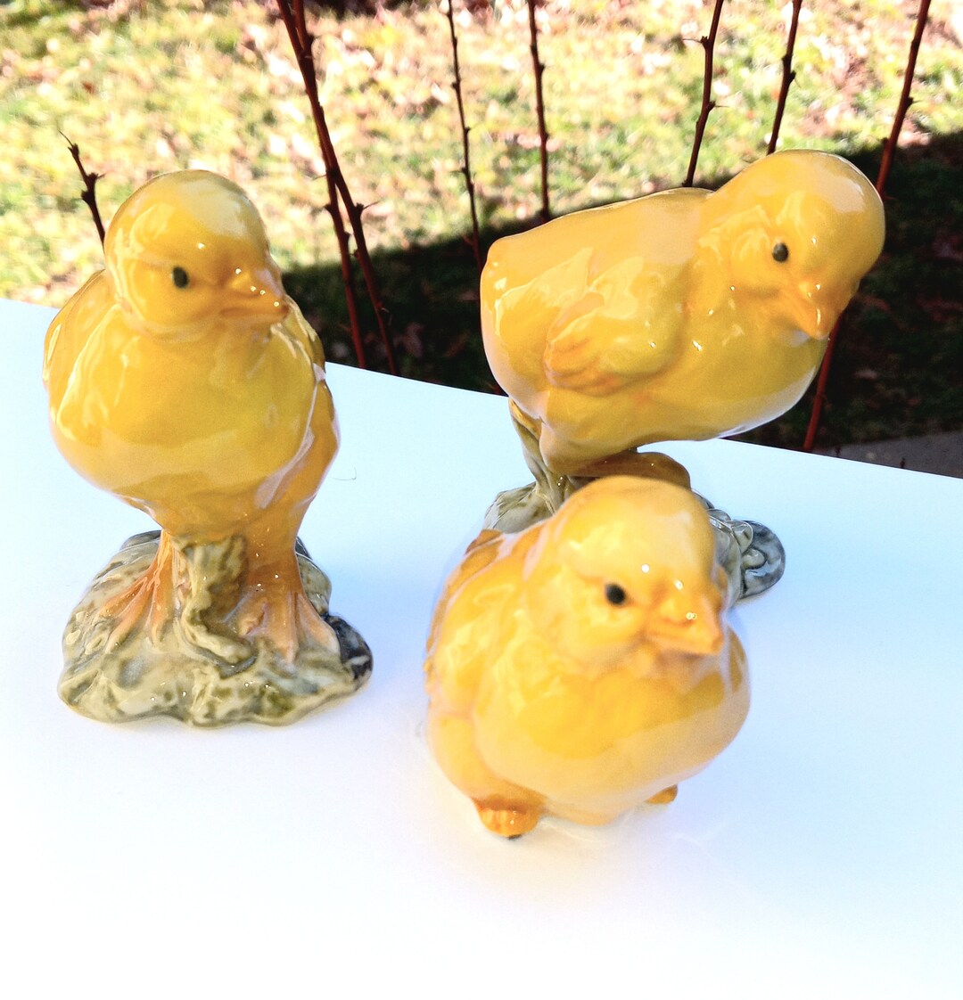 Vintage Ceramic or Porcelain Yellow Chicken Figurines Japan Set of 3