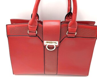 Dual Top Handle Red-Orange 13"x 10.5" INZI Purse Handbag . Footed Ball Bottom. D Ring Clasp Closure
