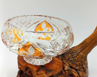 Art Deco Bohemian Cut Crystal with Golden Amber Rose Pattern Cut. Serving Bowl or Candle Holder