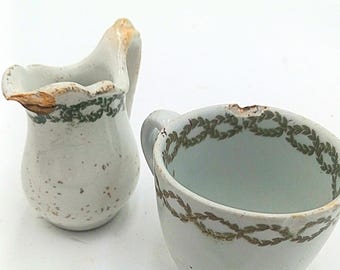 Antique England Wood & Sons Acme China  Staffordshire Creamer and Sugar. 1865's Absla and Son/ Earthware. Heavy Restaurantwear. Read