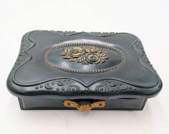 Vintage 6 "Jewelry Box-Plastic. Deep Forest Green with Floral Gold Design and Paisley Fabric and Mirror Inside.