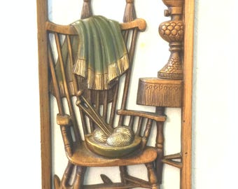 1960s Vintage Burwood Resin 15.75" Wall Hanging. Cut Out Resin with Sleeping Cat,Rocking Chair with Knitting.