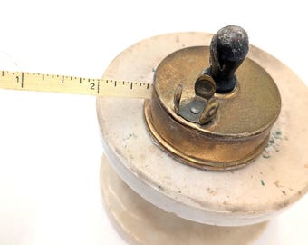 Vintage Cloth Sewing Measuring Tape and Thimble Holder in Brass Metal Holder. Read