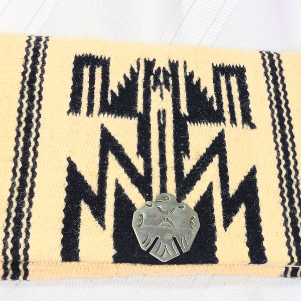 1930's CHIMAYO Cream Handwoven Woven Wool Sterling Silver Thunderbird Clasp Clutch Purse Bag in Chimayo Original Box