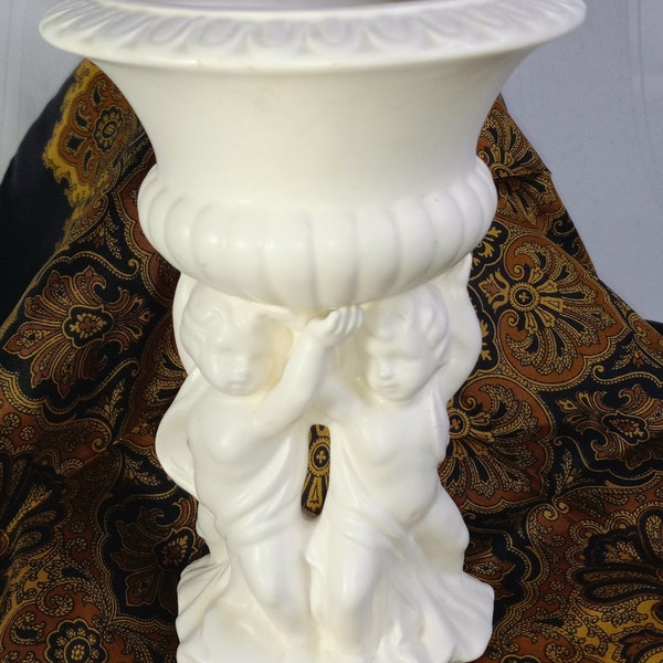 Vintage White Porcelain Vase on Pedestal with Flower Frog & Cherubs by Inarco/ Planter