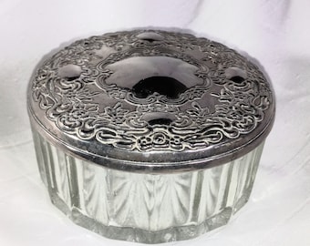 Vintage Heavy Cut Glass/Crystal Round Jewelry Trinket  Box -Powder Dish silverplated mirror lid