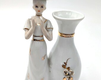 Vintage Porcelain Victorian Lady with Hat and Petite Vase. Elegant Vanity or Shelf Sitter with Gold Accents.