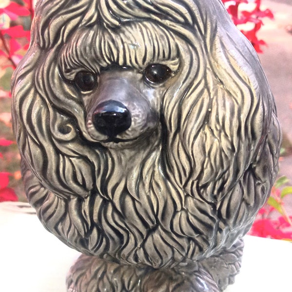 Vintage ceramic grey poodle 7" planter signed/ see details